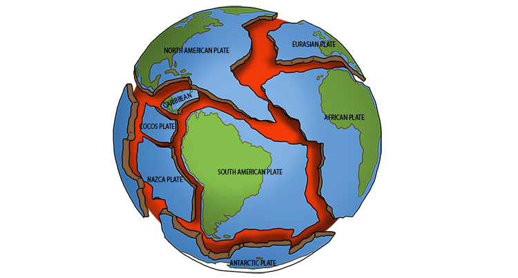 the surface of the earth is split into a number of large sections of rock, and these are the tectonic plates.